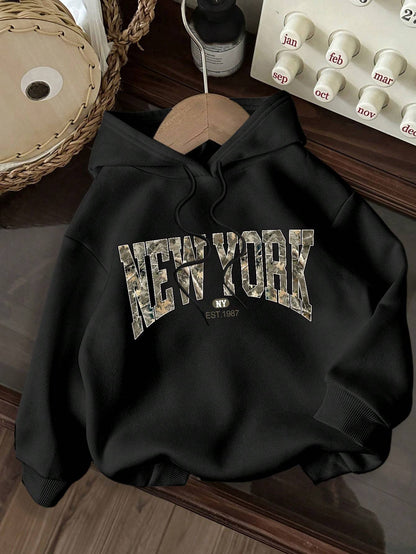 Trendy New York Letter Print Hoodie – Casual Long Sleeve Sweatshirt for Women, Cozy & Stylish Streetwear