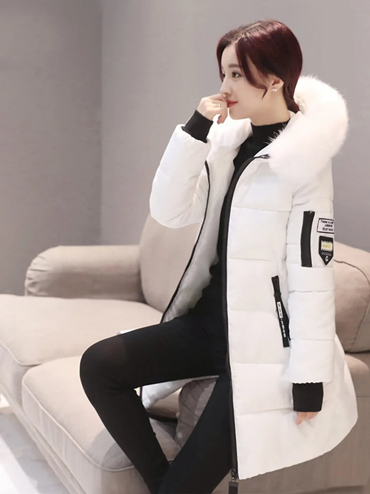 Women's Winter Hooded Fur Collar Parka Elegant Slim Fit Zipper Pockets Warm & Thick Jacket