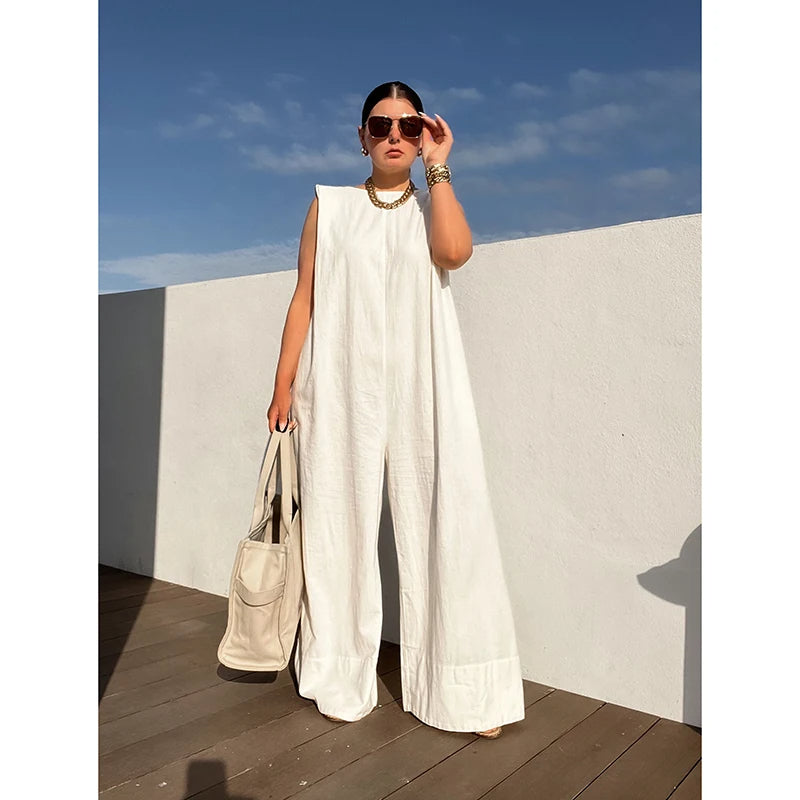 Women's Wide Leg Jumpsuit Stylish Solid Color Sleeveless Loose Fit Summer One-Piece Outfit