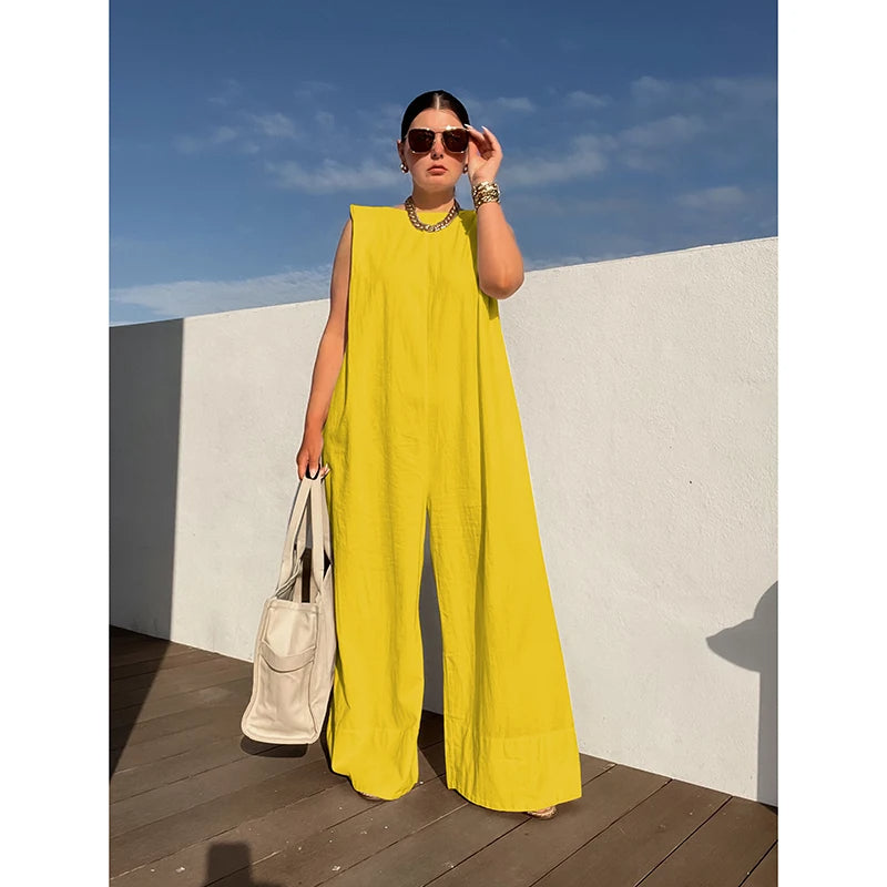 Women's Wide Leg Jumpsuit Stylish Solid Color Sleeveless Loose Fit Summer One-Piece Outfit