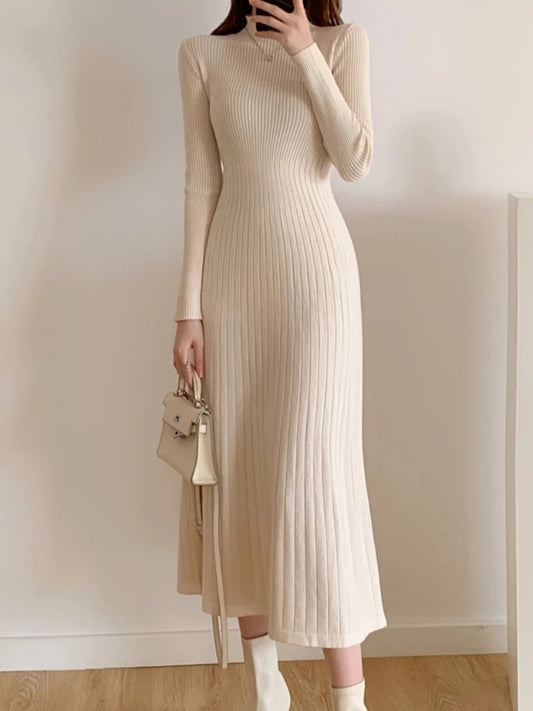 Women's Elegant Half High Collar Knitted Long Sleeve Dress