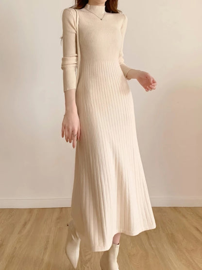 Women's Elegant Half High Collar Knitted Long Sleeve Dress