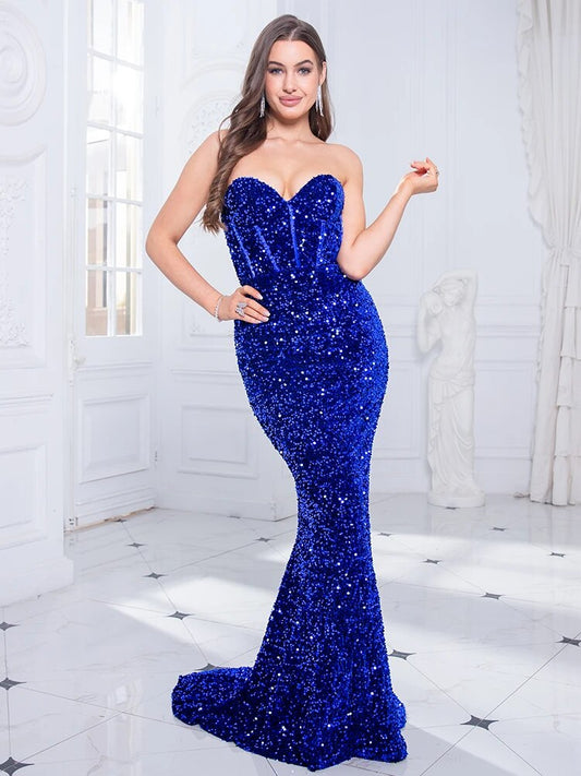 Women's Elegant Royal Blue Strapless Sleeveless Mermaid Dress