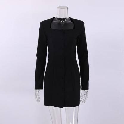 Elegant Black Square Collar Button Down Office Style Long Sleeve Dress