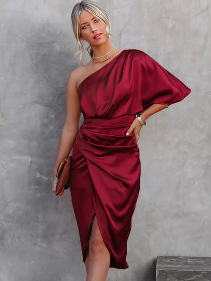Sexy Irregular Party Style Satin One Shoulder Dress
