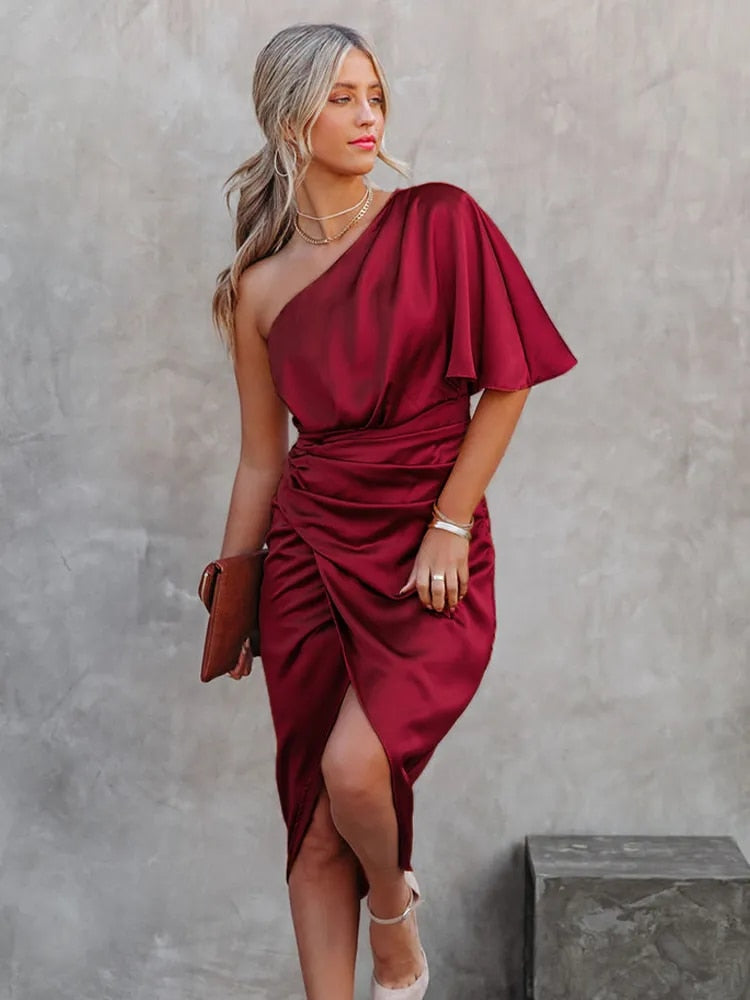 Sexy Irregular Party Style Satin One Shoulder Dress