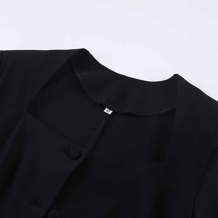 Elegant Black Square Collar Button Down Office Style Long Sleeve Dress