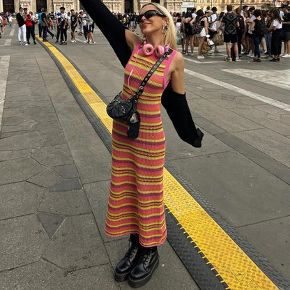 90s Vibes: Striped Knitted Maxi Dress for Women