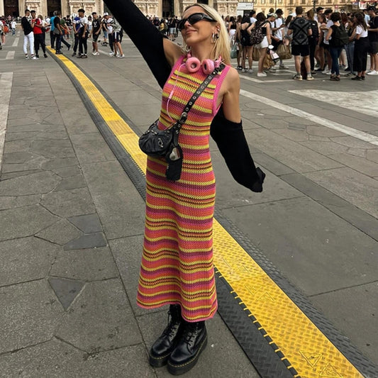 90s Vibes: Striped Knitted Maxi Dress for Women